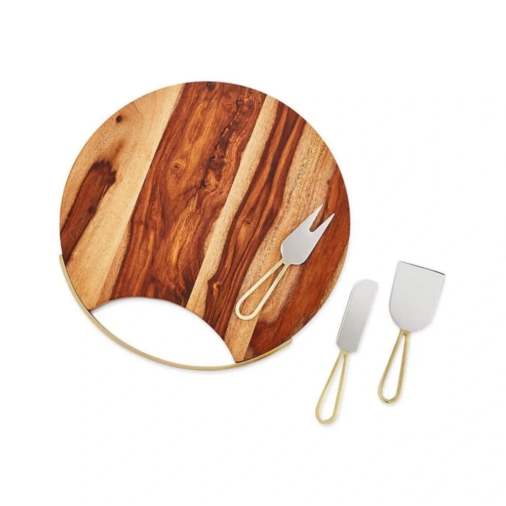 Crate&Barrel Beck Cheese Board and 3 Gold Cheese Knives Set